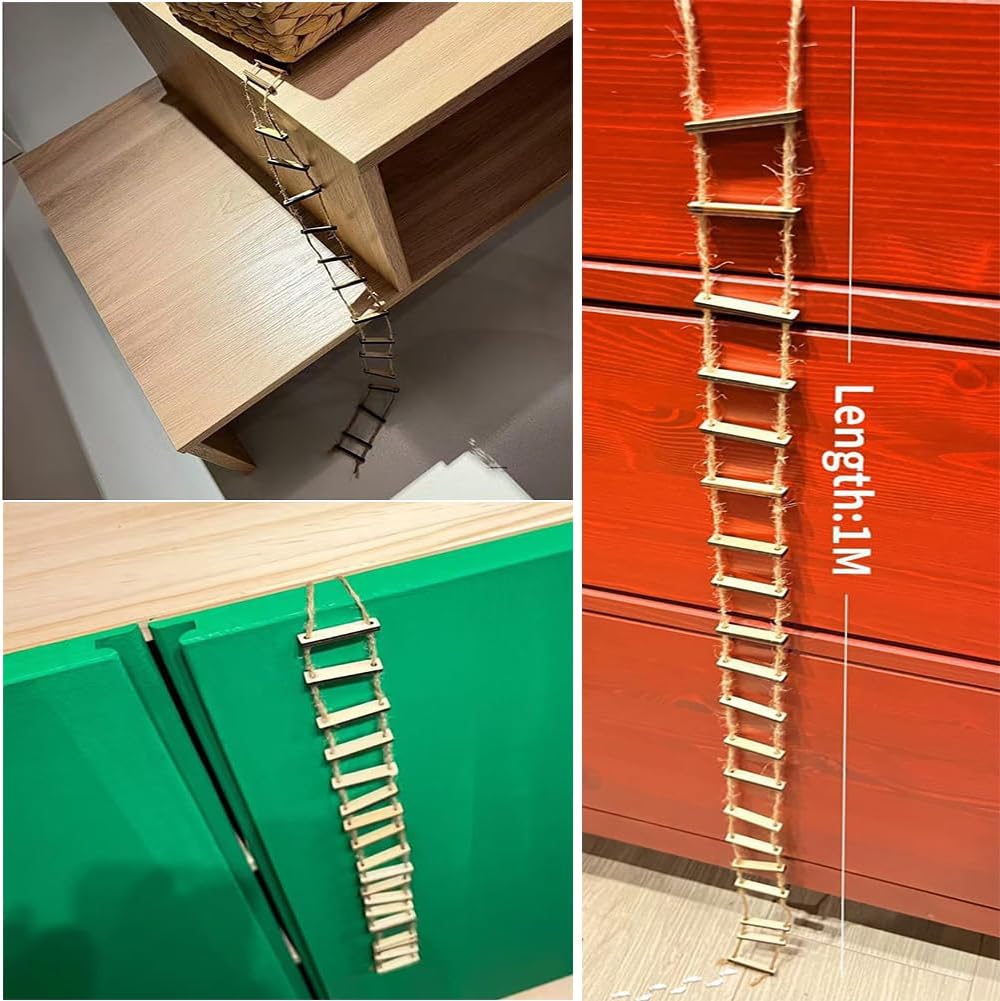 Mini Wooden Rope Ladder for Gnomes, Miniature Ladder for Gnome Decor, Fairy Gardens, and DIY Crafts, Gnome Accessories, Length 39.37 Inches