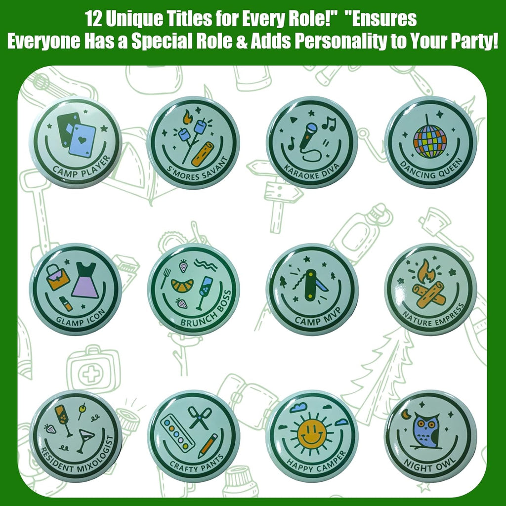Camp Bachelorette Party Badges, Set of 12 Bachelorette Party Gift Badges for Bachelorette Party Kinds with Unique Titles