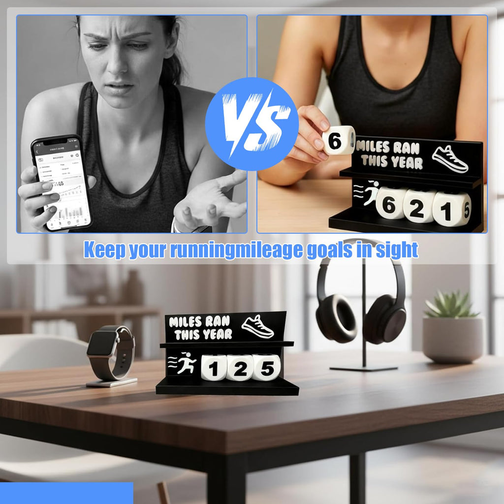 Falnvita Desk Running Mileage Tracker for Recording Mileage Running Pedometer & Goal Setter, Fitness Motivation Display for Runners, Marathon Training Gift (Black Boys)