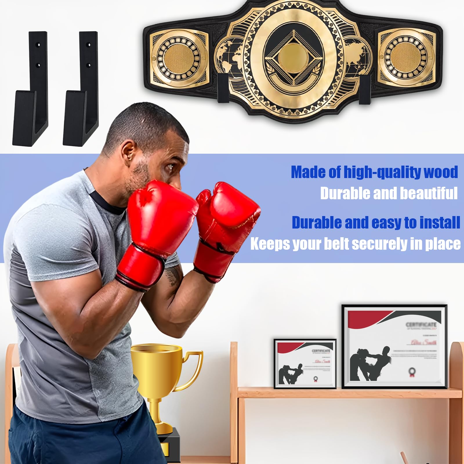 Wrestling Belt Wall Display Holder Compatible with WWE Belts, Wooden Horizontal Championship Belt Hanger Wall Mount, Durable & Easy to Install Title Belts Rack Organizer