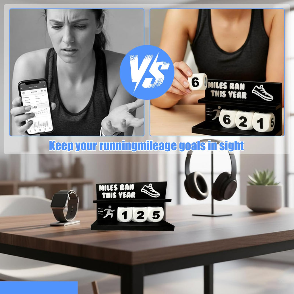 Falnvita Desk Running Mileage Tracker for Recording Mileage Running Pedometer & Goal Setter, Fitness Motivation Display for Runners, Marathon Training Gift (Black Boys)