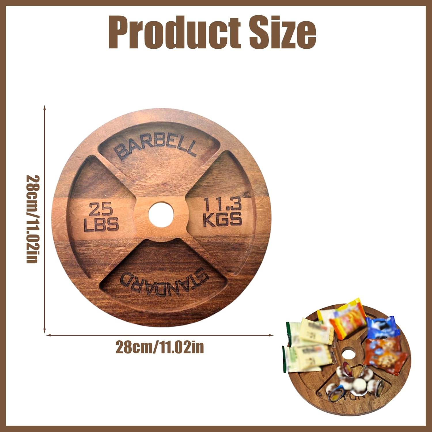 DAUCHVNY Weight Plate Charcuterie Board (25lb) | Wooden 4-Compartment Serving Tray, Holds Snacks, Cheeses, Appetisers, A Unique Gift for Gentlemen, Fitness Enthusiasts and Home Gym Owners