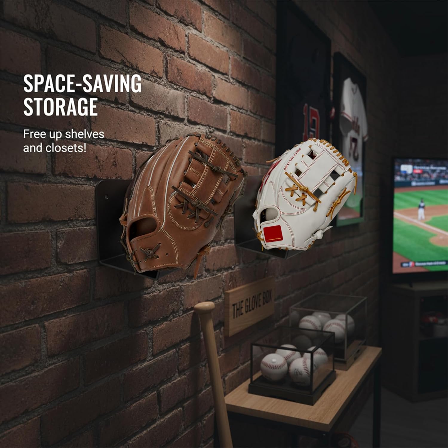 Metal Baseball Glove Wall Mount Holder 2 Pack [Invisible Floating Keeps Glove Shape][No Drilling][Space-Saving Storage] Sports Decor Display for Bedroom or Man Cave, Great Gift for Players