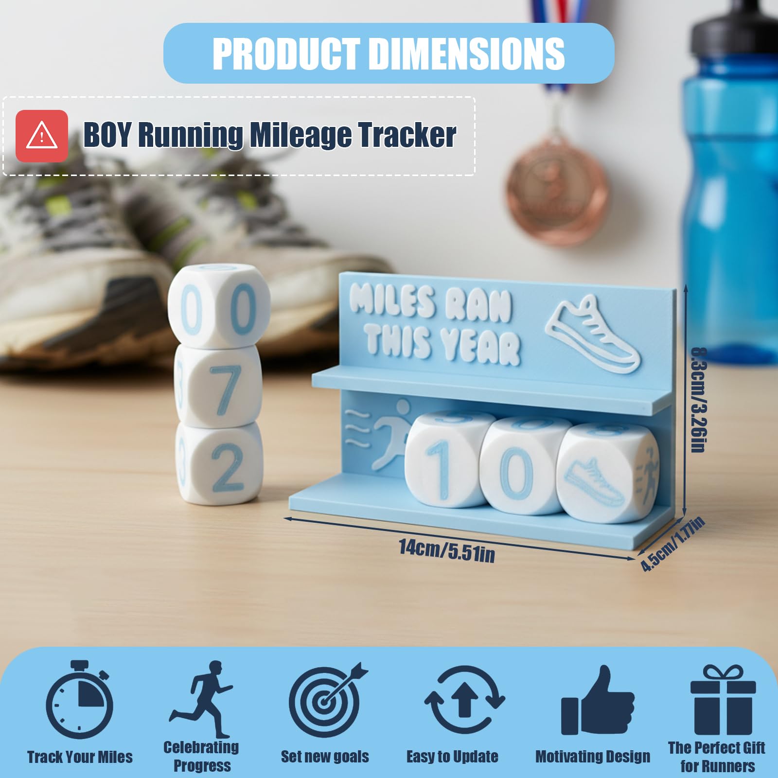 Falnvita Desk Running Mileage Tracker for Recording Mileage Running Pedometer & Goal Setter, Fitness Motivation Display for Runners, Marathon Training Gift (Black Boys)