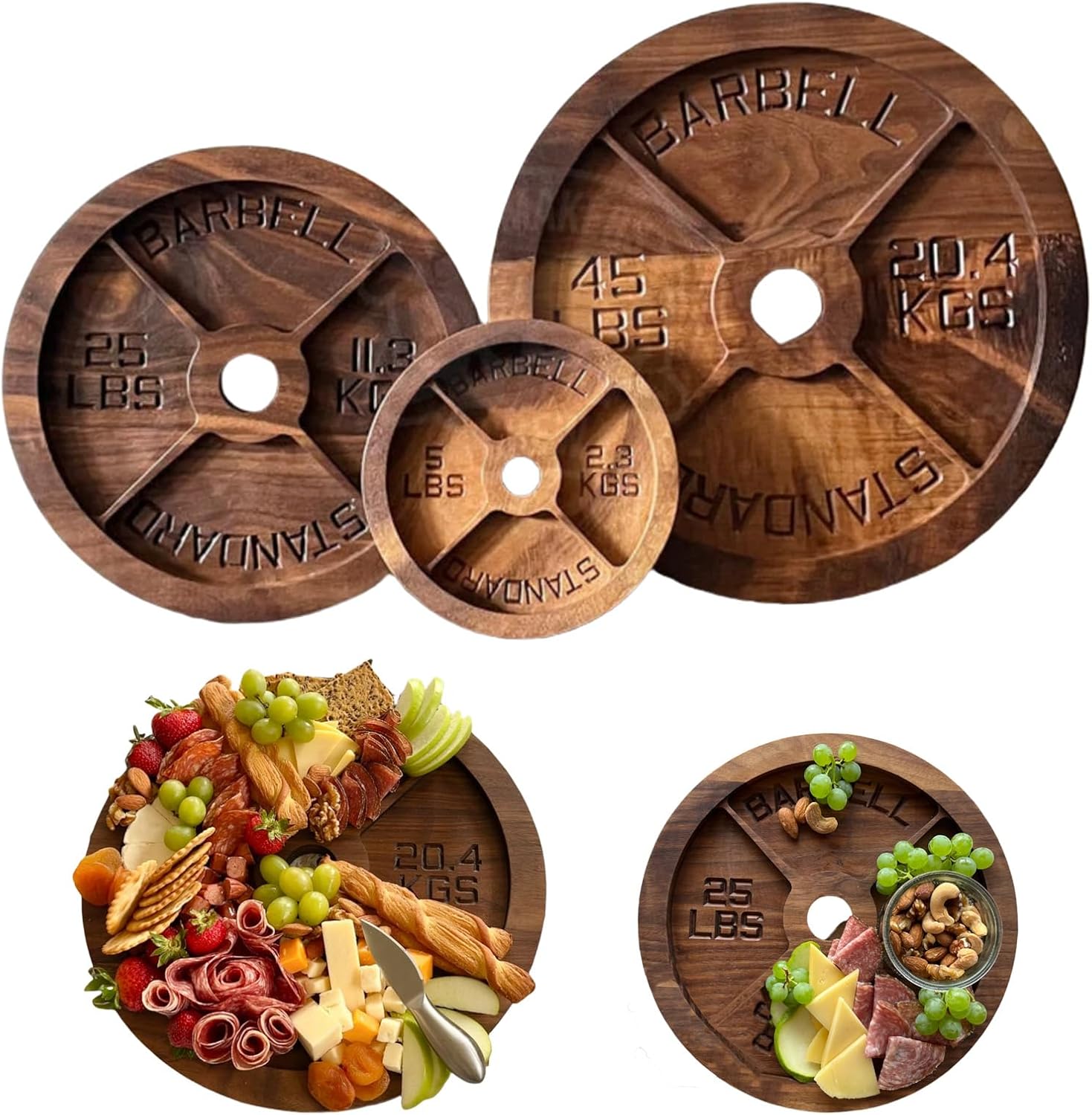 DAUCHVNY Weight Plate Charcuterie Board (25lb) | Wooden 4-Compartment Serving Tray, Holds Snacks, Cheeses, Appetisers, A Unique Gift for Gentlemen, Fitness Enthusiasts and Home Gym Owners