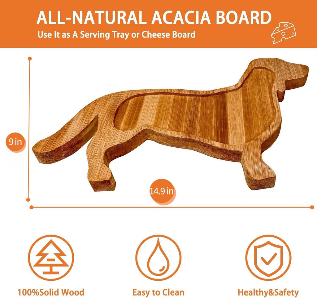 Bantlou Dachshund Dog Shape Bamboo Cheese Tray Platter Servers - Ultra-Thick 0.8" Serving Board for Parties and Unique Gift