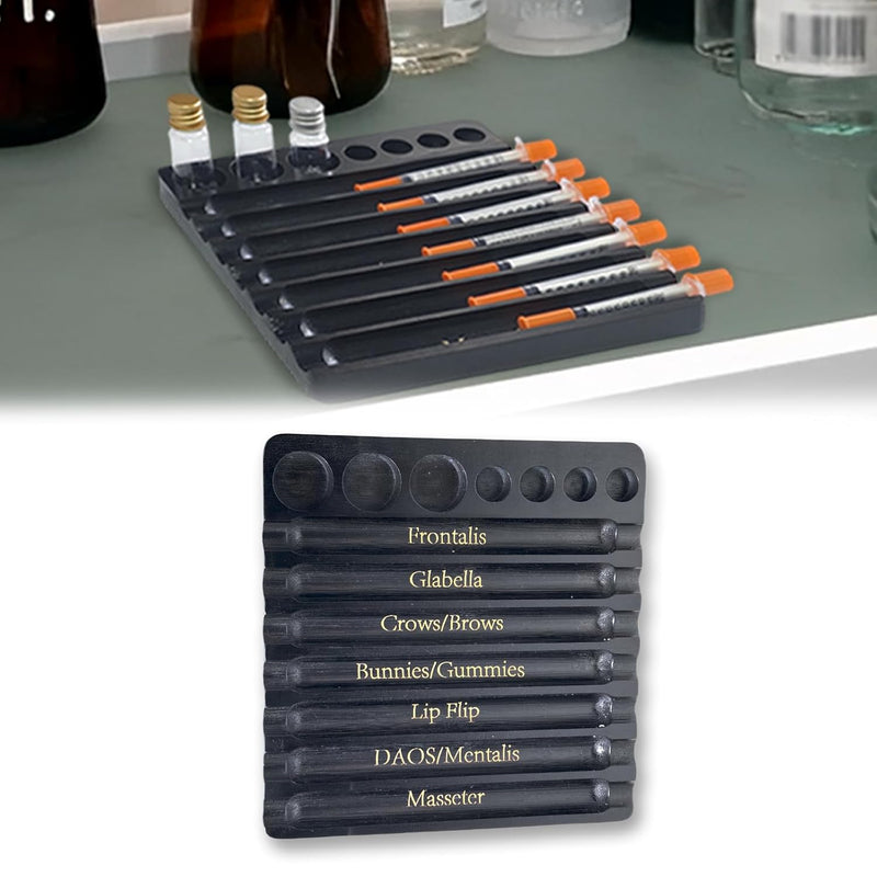 Aesthetic Practitioner Syringe Tray with Vial Holder, Bamboo Vial Holder Syringe Tray for 2-in-1 Combination, Syringe Storage Organizer for Aesthetic Practitioners and Small Vial Racks (Black)