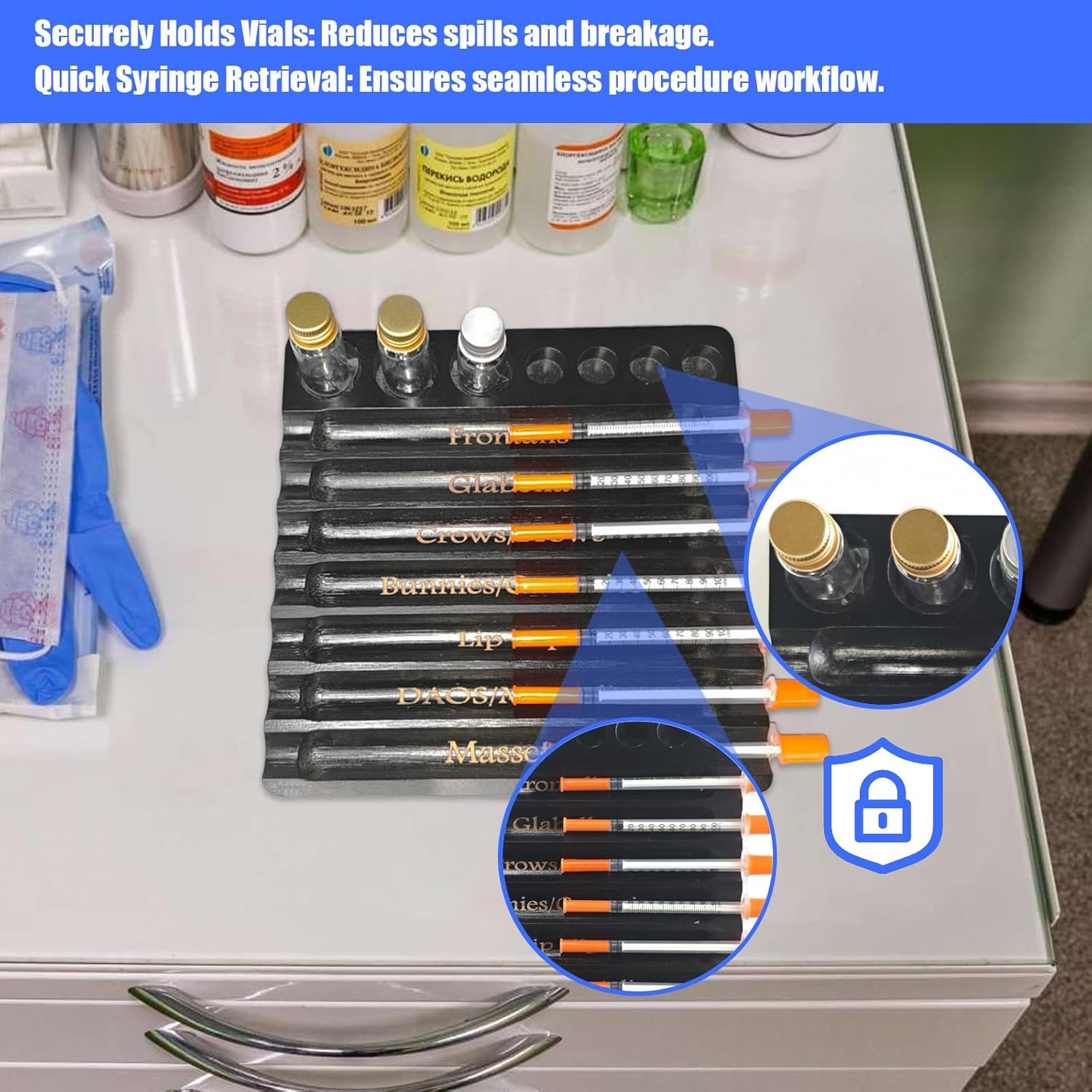 Aesthetic Practitioner Syringe Tray with Vial Holder, Bamboo Vial Holder Syringe Tray for 2-in-1 Combination, Syringe Storage Organizer for Aesthetic Practitioners and Small Vial Racks (Black)