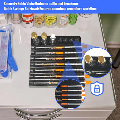 Aesthetic Practitioner Syringe Tray with Vial Holder, Bamboo Vial Holder Syringe Tray for 2-in-1 Combination, Syringe Storage Organizer for Aesthetic Practitioners and Small Vial Racks (Black)