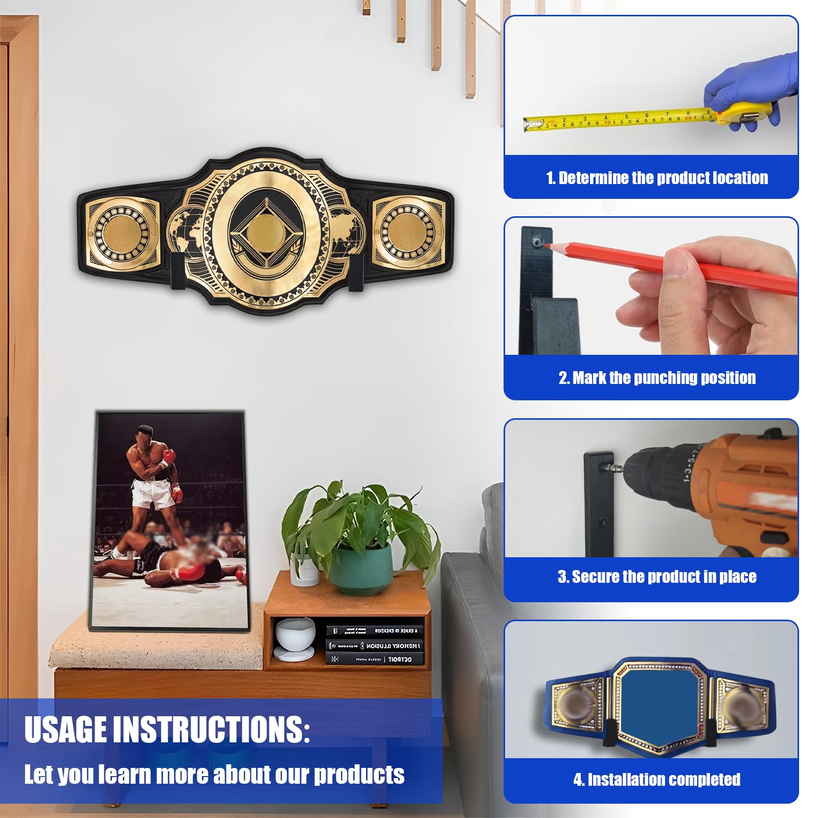 Wrestling Belt Wall Display Holder Compatible with WWE Belts, Wooden Horizontal Championship Belt Hanger Wall Mount, Durable & Easy to Install Title Belts Rack Organizer
