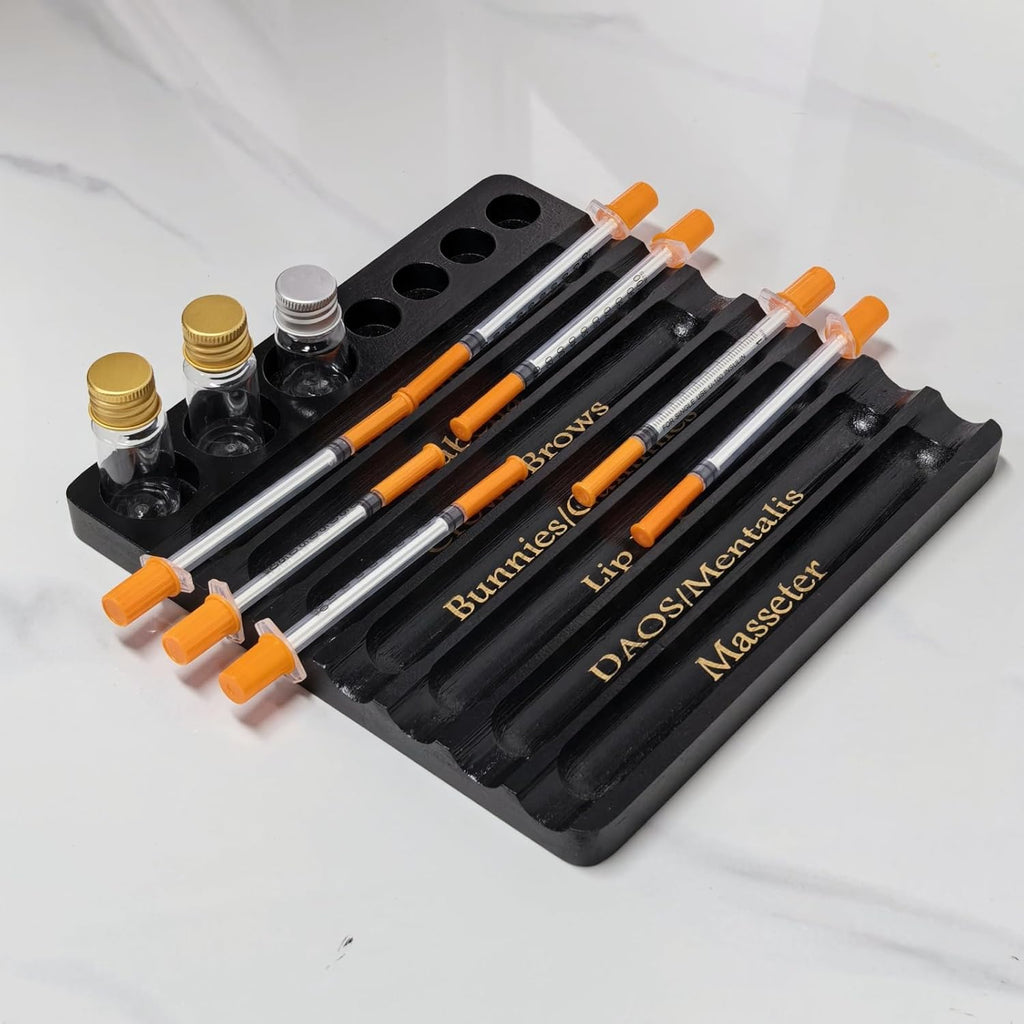 Aesthetic Practitioner Syringe Tray with Vial Holder, Bamboo Vial Holder Syringe Tray for 2-in-1 Combination, Syringe Storage Organizer for Aesthetic Practitioners and Small Vial Racks (Black)