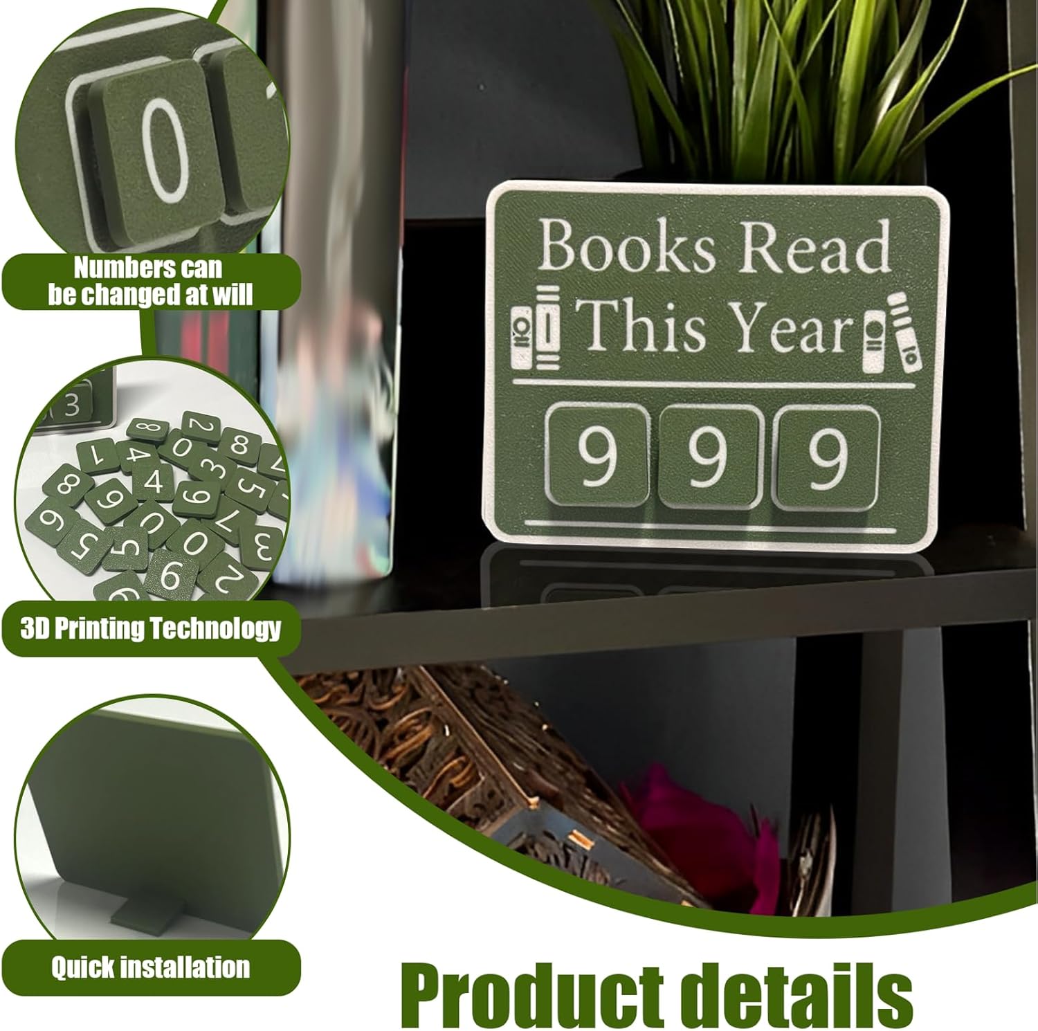 Books Read This Year Counter, Book tracker for Reading Goal, Library Decors, Book Counter Sign with Books Read This Year for Teachers, Writers, and Literary Fans（Olive）