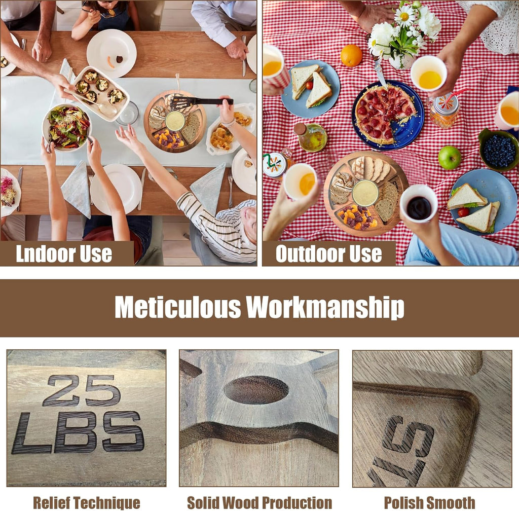 DAUCHVNY Weight Plate Charcuterie Board (25lb) | Wooden 4-Compartment Serving Tray, Holds Snacks, Cheeses, Appetisers, A Unique Gift for Gentlemen, Fitness Enthusiasts and Home Gym Owners