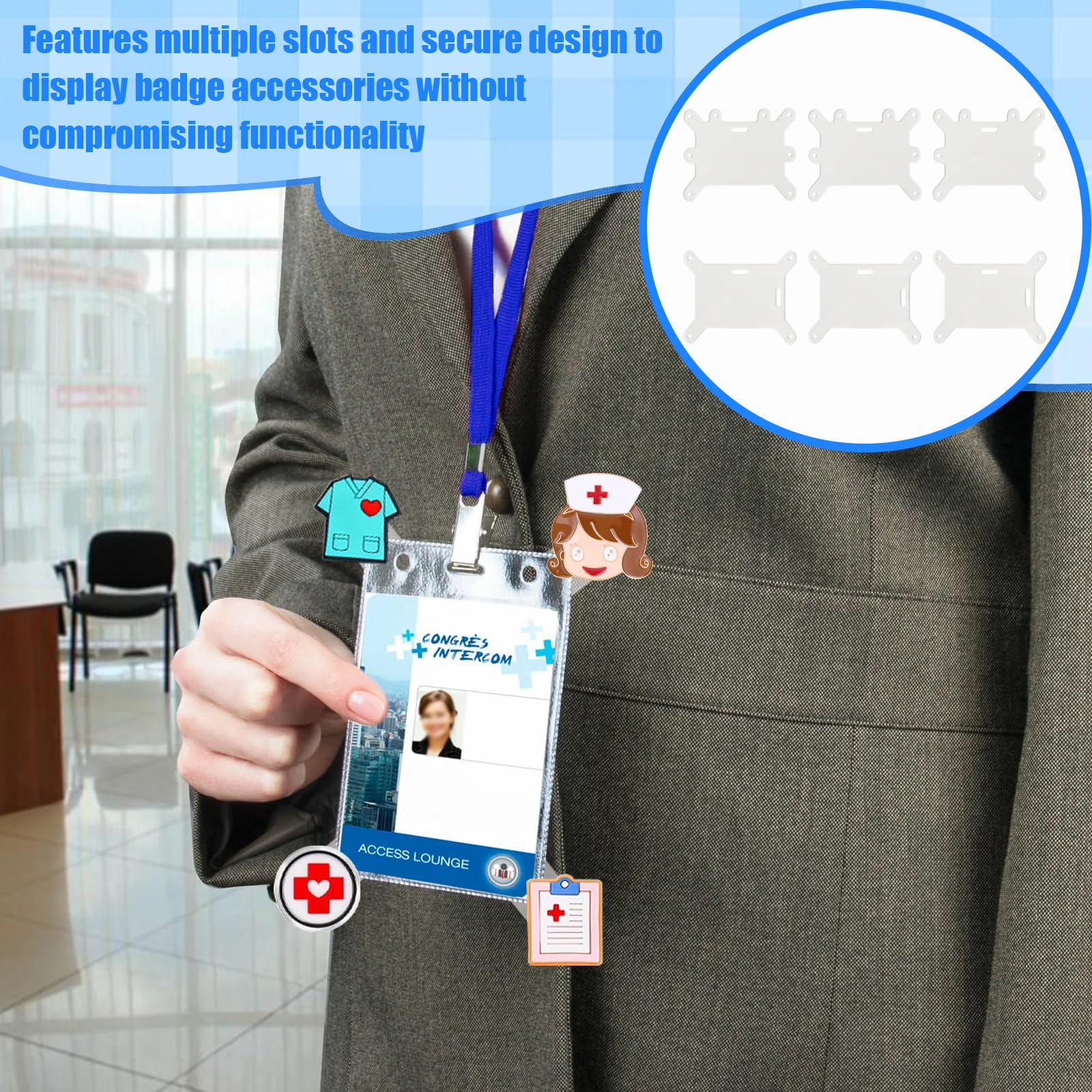 6pcs Badge Buddy Pin Holder for Displaying Badges Accessories, Badge Pin Holder for Horizontal and Vertical Use, Suitable for Nurse ID Cards, Student ID Cards, Employee Cards