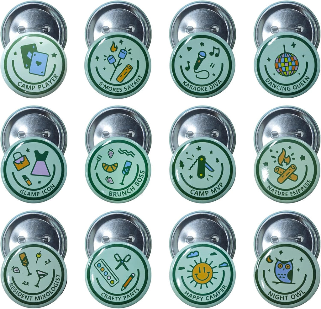 Camp Bachelorette Party Badges, Set of 12 Bachelorette Party Gift Badges for Bachelorette Party Kinds with Unique Titles
